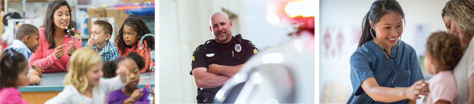 Image of teacher, doctor, and police officer